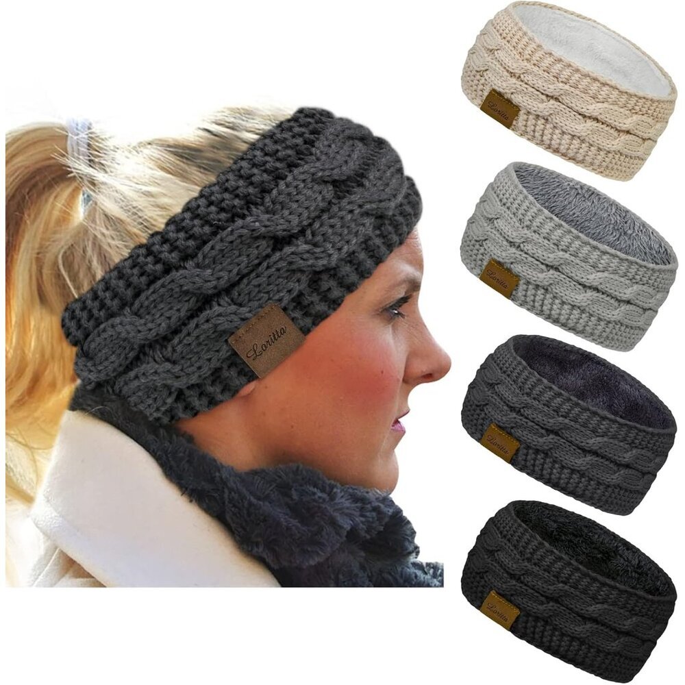 Women's Fuzzy Fleece Lined Cable Knit Headbands Thick Warm Winter Accessories